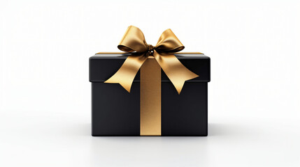 Black color gift box with golden bow isolated on white background