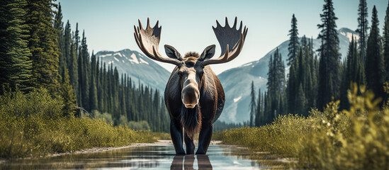 As a moose crosses the road, it reminds us of the need for protecting wildlife and driving cautiously. - obrazy, fototapety, plakaty