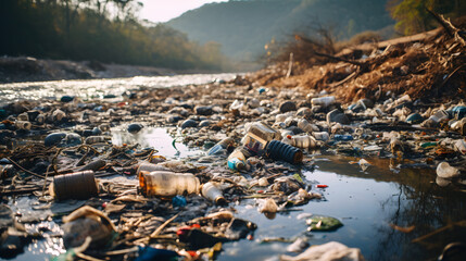 A polluted river, with trash and debris in the water as the background context, during a period of heavy industrial runoff