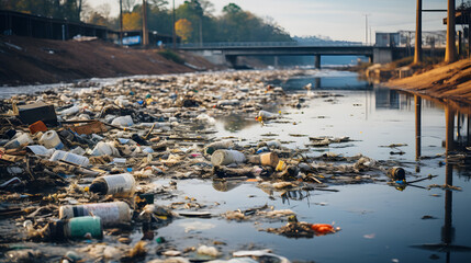 A polluted river, with trash and debris in the water as the background context, during a period of heavy industrial runoff