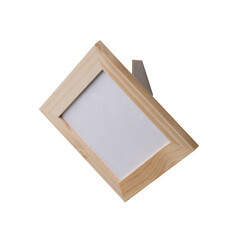 Small wooden blank picture photo frame with stand. Realistic horizontal picture frame. Empty light brown picture frame, mockup template isolated on white background.
