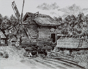 illustration - mill and houses in the village	