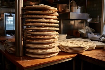 A pizzeria with stacks of dough ready for the chef's creation. Generative AI