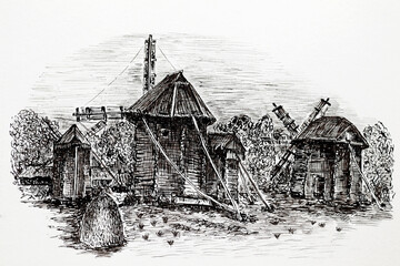 illustration - mill and houses in the village	