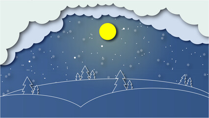 Winter night paper cut out design with snow flakes