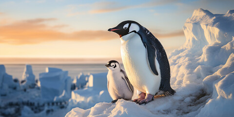 two penguins on an ice floe in ocean water in winter