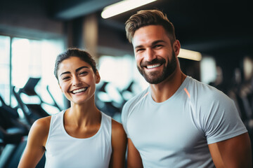 couple fitness man and woman in sportswear standing in gym club. personal trainer. healthy lifestyle