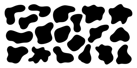 Organic random irregular shapes, abstract freeform liquid elements. Amoeoba form smooth blobs, contemporary random stains. Vector illustration of black, round, uneven, squishy icons.