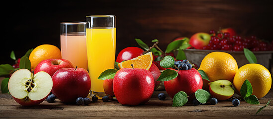 Fresh apple and orange juice served with ripe fruit on the table.