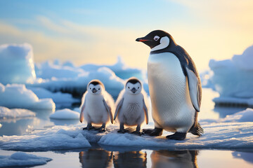 Fototapeta premium family of penguins on an ice floe in ocean water in winter