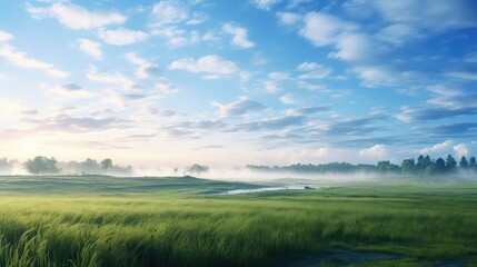 Obraz premium green blue morning grass landscape illustration meadow nature, sky outdoor, summer rural green blue morning grass landscape