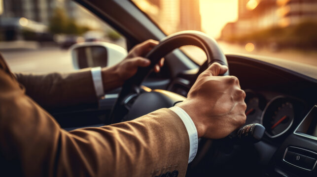Steering wheel, hands and driving for vehicle insurance, safety and travel in a city at sunrise or sunset. Close-up, hands on steering wheel and steering, travelling in the city for tourism, mechanic