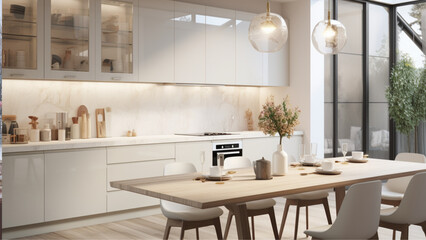 Fototapeta na wymiar a modern kitchen white with window, in the style of light gray and light beige