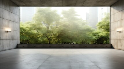 empty concrete floor in modern office building with green tree and city view - obrazy, fototapety, plakaty
