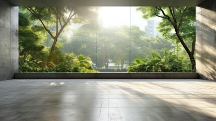 empty concrete floor in modern office building with green tree and city view