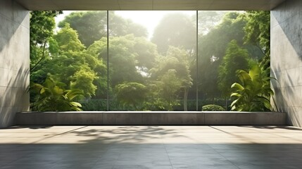 empty concrete floor in modern office building with green tree and city view