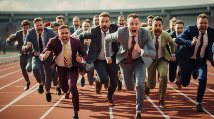 Group of businessmen on start line of running track. Active people, photo in motion