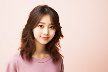 Fototapeta premium a woman with a pink shirt and a pink background