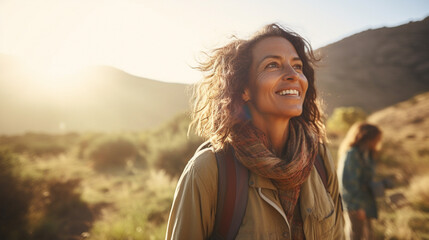 Middle aged woman, outdoor, sunshine, smiling, mental health, hiking, traveling