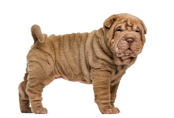 Side view of a Shar Pei puppy standing, looking at the camera, i