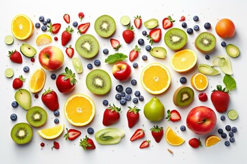 Colorful fruits and nutritious foods on a white backdrop. Generative AI