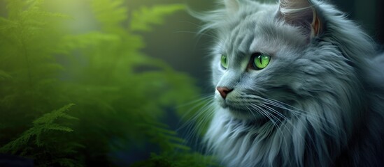 I took a beautiful portrait of a cute cat with green eyes and luscious blue hair showcasing the purebred mammal s adorable face against a mesmerizing backdrop of nature s vibrant greens