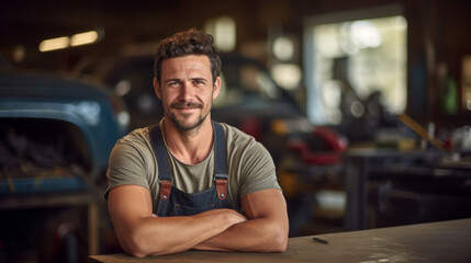 Obraz premium Professional portrait, mechanic or man with arms crossed in engineer or garage workshop. Confident, male or smiling for car service repair and engineer and automobile industry
