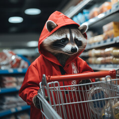 cute raccoon in human clothes chooses groceries in the store. Fashion trend, fantasy, funny animals. - obrazy, fototapety, plakaty
