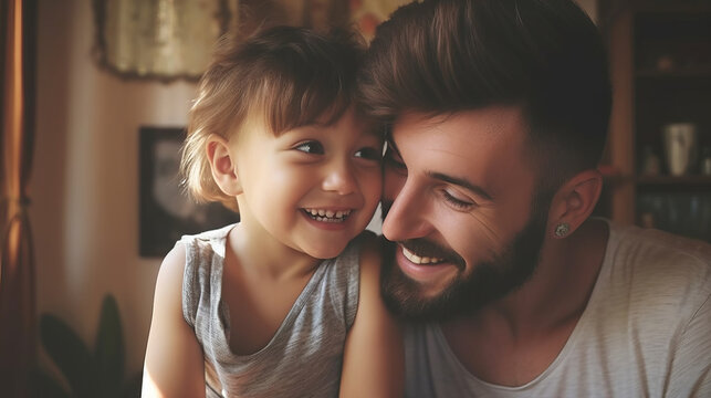 Handsome father is smiling with his daughter indoors