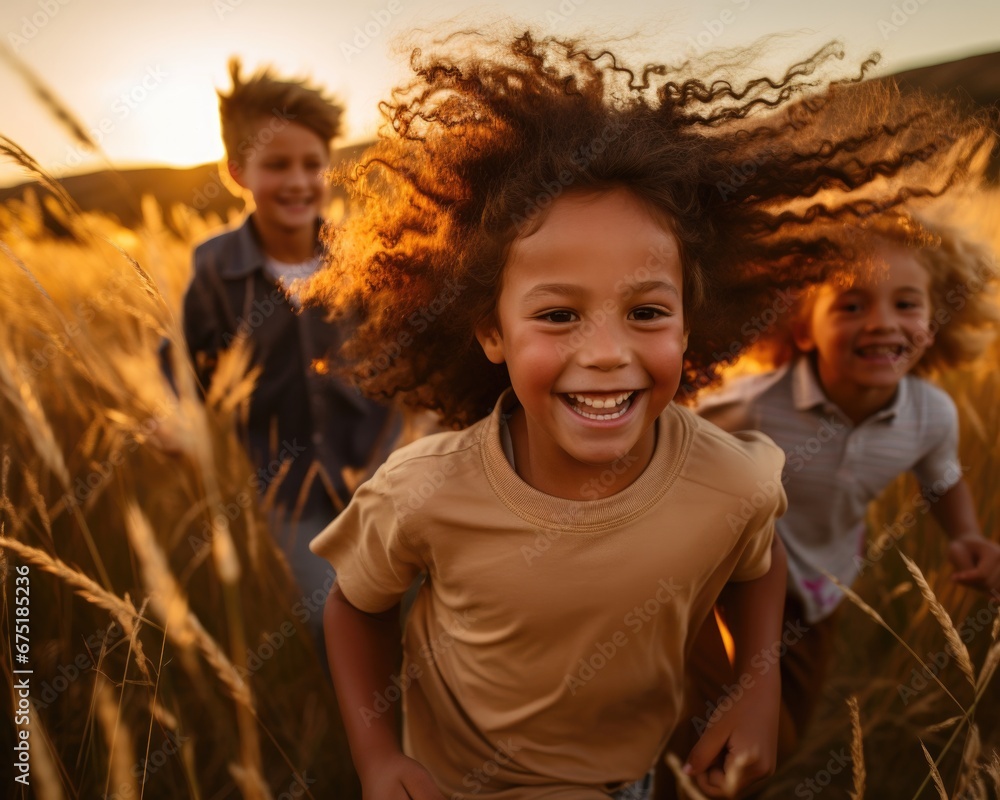 Poster a group of children running through a field of tall grass. generative ai.