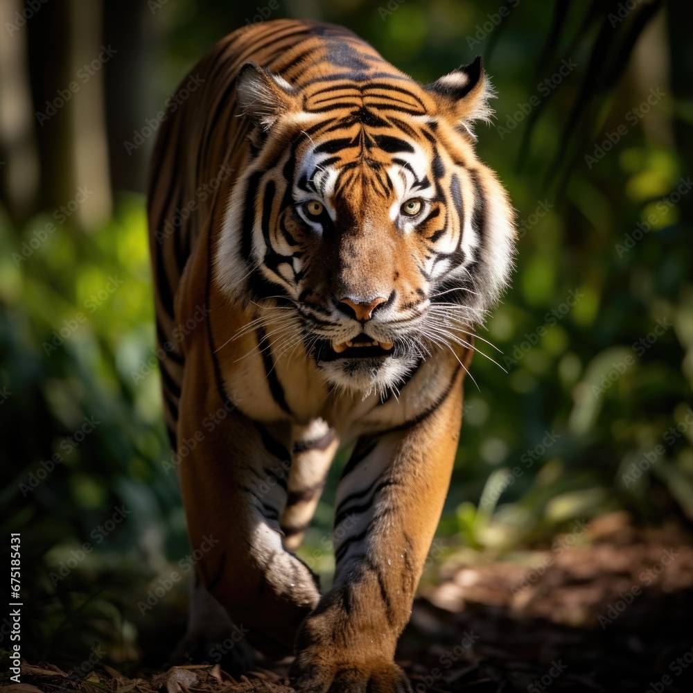 Poster a tiger walking across a forest filled with trees. generative ai.