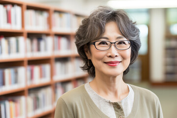a woman with glasses standing in front of a book shelf