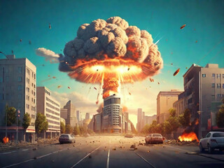 The explosion of nuclear bomb in the city. end of world illustration. Nuclear war threat concept. Ai Generative - obrazy, fototapety, plakaty