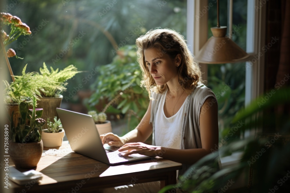 Poster a woman sitting at a table using a laptop computer. generative ai.