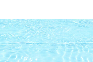 Defocus blurred transparent blue colored clear calm water surface texture with splashes reflection. Trendy abstract nature background. Water waves in sunlight with copy space. Blue watercolor shine.