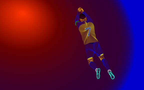 The image of a football player created with Vector Line art technique. Player number seven celebrating goal.
