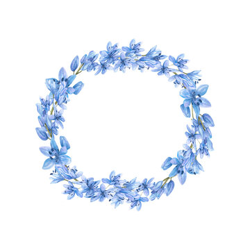 recommend clip art: Watercolor botanical spring flowers wreath. Round frame with blue flowers for easter decor, card, invitation decoration. Isolated clip art
