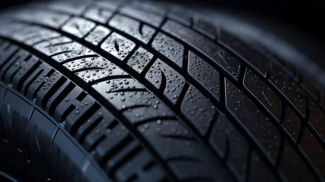 Close-up, tyre or tire thread for automobile industry, sales and mechanic. Car wheel, repair or service for vehicle safety and product purchase. Engineering and mechanical services for vehicle owner