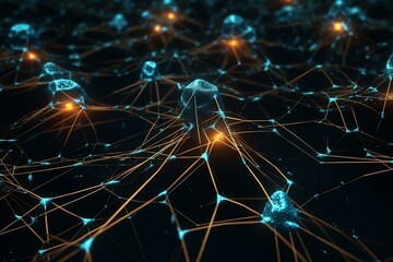 3D rendering of interconnected neural nodes forming an artificial neural network in electronic cyberspace. Generative AI