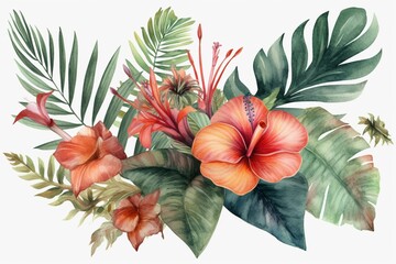 Vintage watercolor PNG image showcasing tropical leaves and flowers on a transparent background. Generative AI