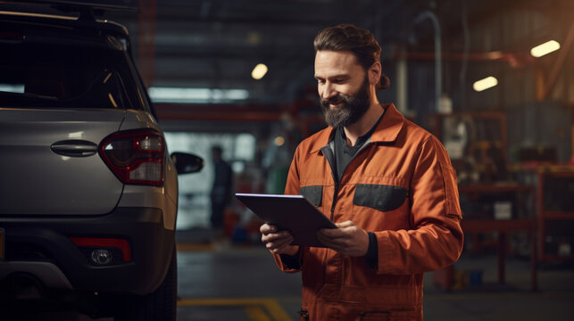Professional portrait, mechanic or man working on vehicle or car engine in engineer or garage workshop. Confident, male or smiling and using tablet for car service repair and engineer