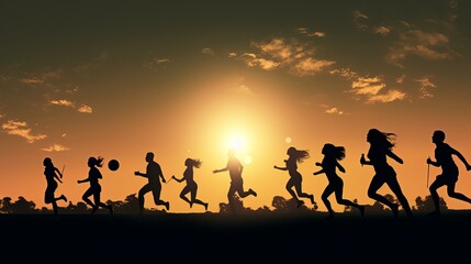 Fototapeta na wymiar Active Play: Blurred Silhouette of Athletes Playing at Sunset with Motivation and Fun