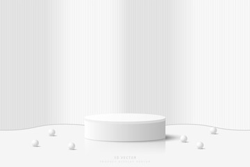 White 3D cylinder podium pedestal realistic with wavy wall background and sphere balls. Stage for showcase. 3D vector geometric platform. 3D product display presentation. Minimal scene for mockup.