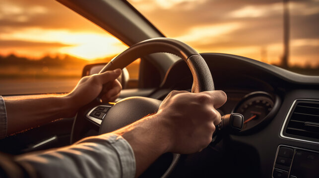 Steering wheel, hands and driving for vehicle insurance, safety and travel in a city at sunrise or sunset. Close-up, hands on steering wheel and steering, travelling in the city for tourism, mechanic
