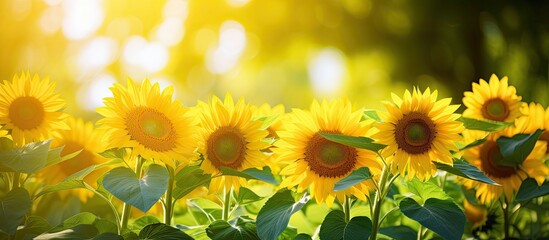 Obraz premium In the mesmerizing summer garden the vibrant green leaves and the beautiful yellow sunflowers with their delicate petals sway gracefully under the warm sun creating a stunning natural backgr