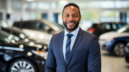 Man, portrait, businessman for vehicle dealership, confidence and sales in automobile industry. Happy, smile and face of male wearing a business suit for motor, car or asset for ownership and finance - obrazy, fototapety, plakaty