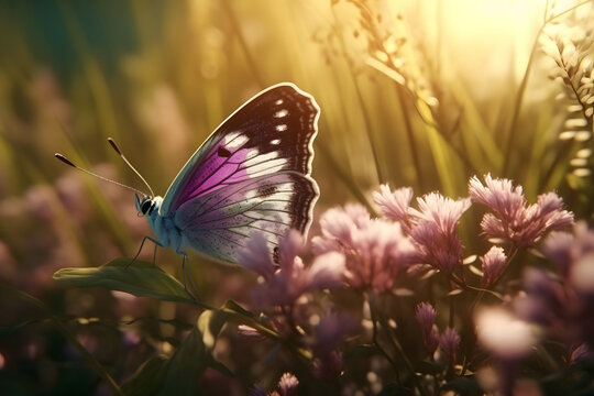A butterfly sits on a flowering field. 