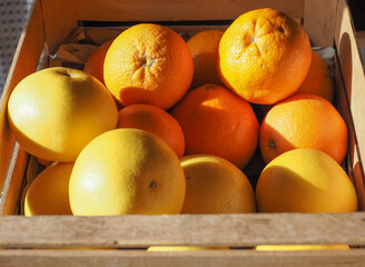 citrus fruits in wooden crate
