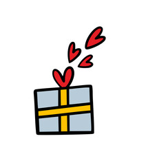Gift box tied with a bright ribbon with a bow. Vector illustration of romantic surprise for a holiday or birthday party and red heart flying in the sky.