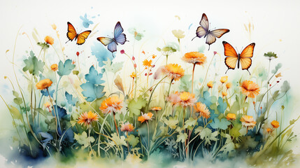 A watercolor painting of a field of flowers and butterflies flying over it, with a white background and a blue sky. - obrazy, fototapety, plakaty